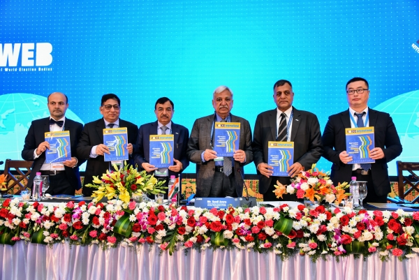 CEC Sunil Arora along with EC Ashok Lavasa, EC Sushil Chandra and Senior DEC Umesh Sinha launched the ninth edition of VoICE International Magazine at the 4th Genereal Assembly of AWEB in Banaglore