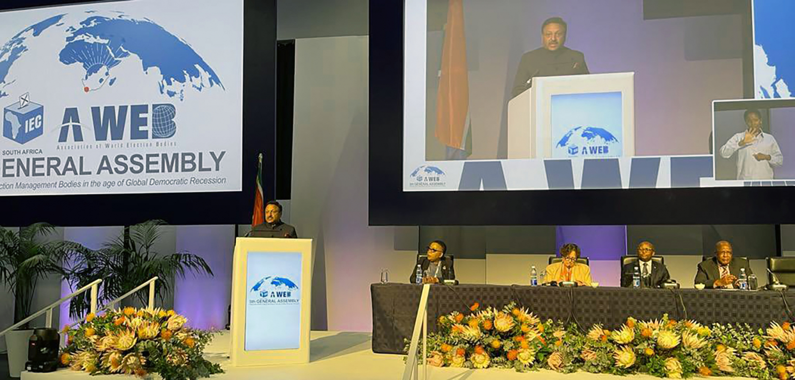 CEC Shri Rajiv Kumar delivered keynote address as Chairperson AWEB at the opening ceremony of the 5th General Assembly of AWEB on October 19, 2022 at Cape town, South Africa. On the occassion also handed over the AWEB Flag to Electoral Commission of South